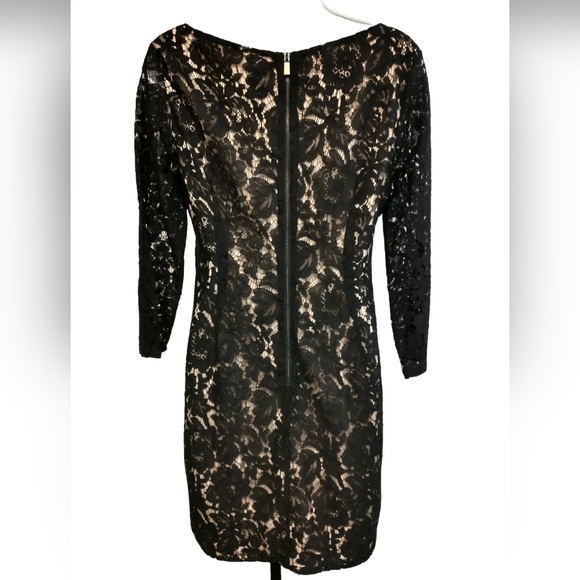 Vince Camuto Black Floral Lace Overlay Lined  Nude Sheath Dress Size 6 - Picture 2 of 9